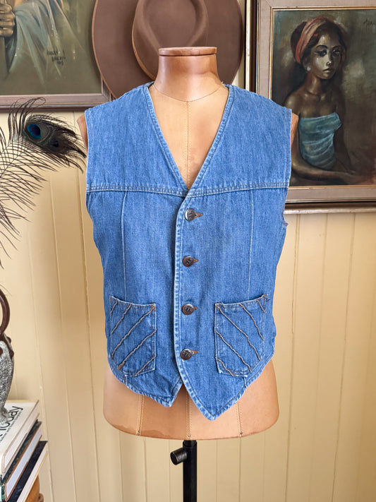 VINTAGE 1970S H.I.S. COTTON DENIM POCKET WAISTCOAT VEST S/M