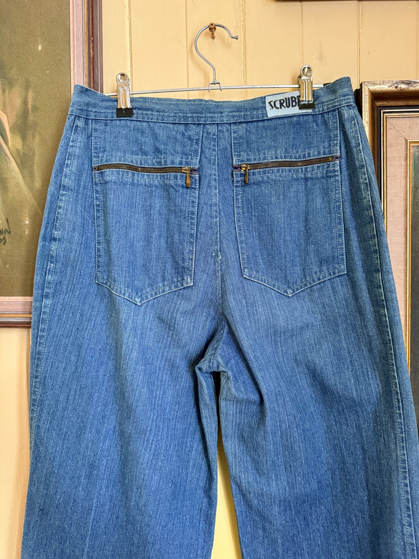 VINTAGE 1970S SCRUBB HIGH WAIST WIDE LEG FLARED DENIM JEANS S/M