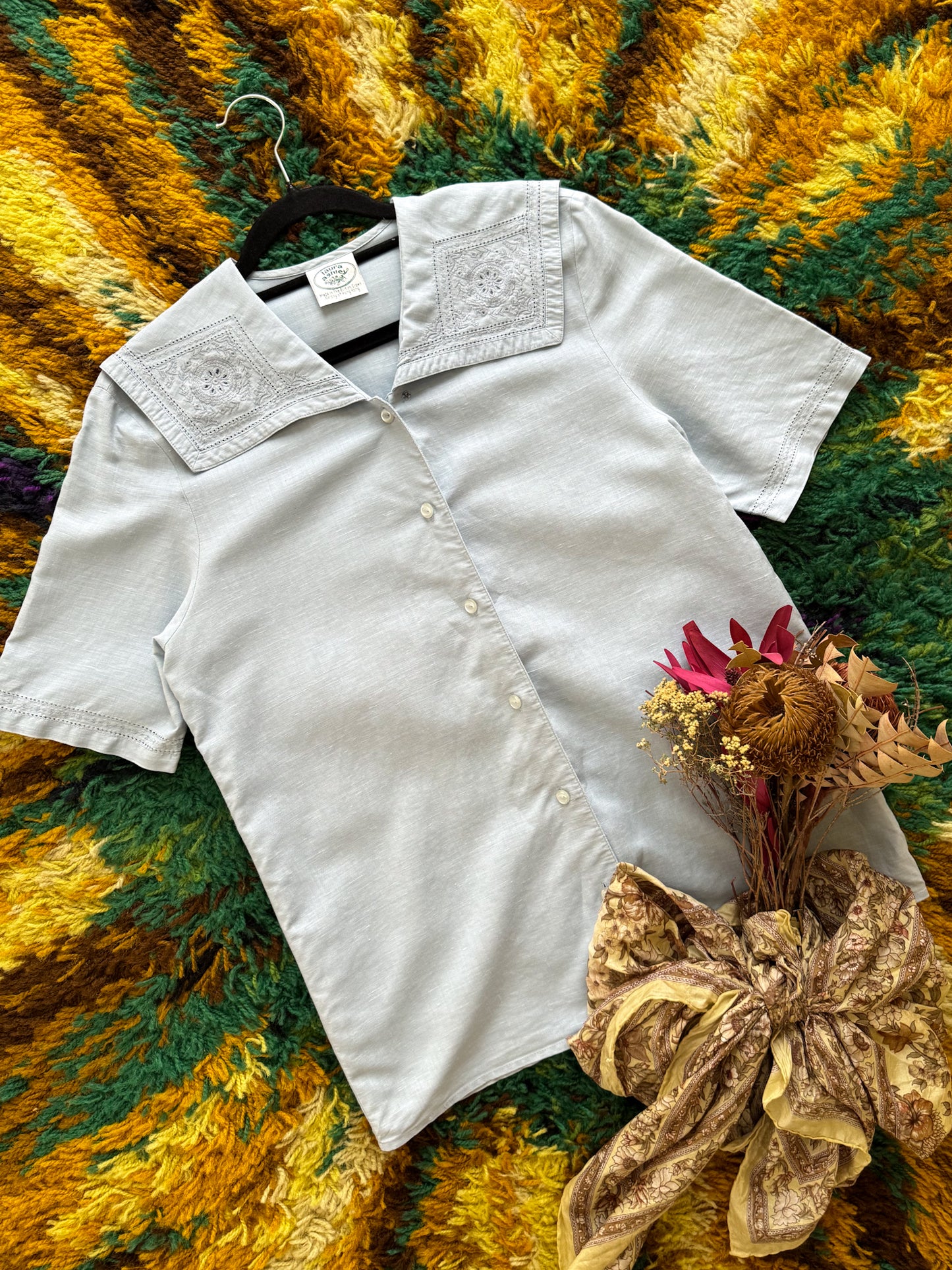 VINTAGE 1990S LAURA ASHLEY LINEN EMBROIDERED SAILOR COLLAR BLOUSE S/M