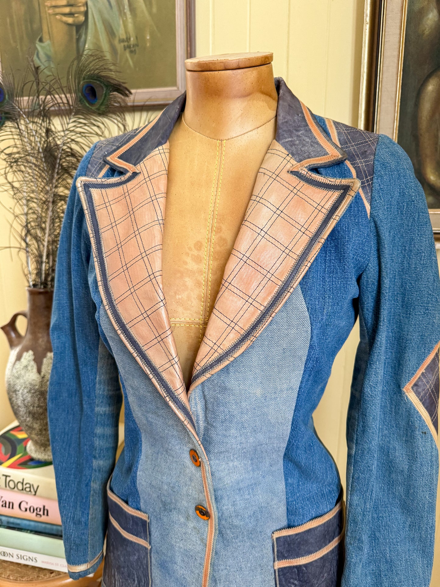 VINTAGE 1970S MIUZA FRANCE DENIM AND LEATHER BLAZER JACKET XS