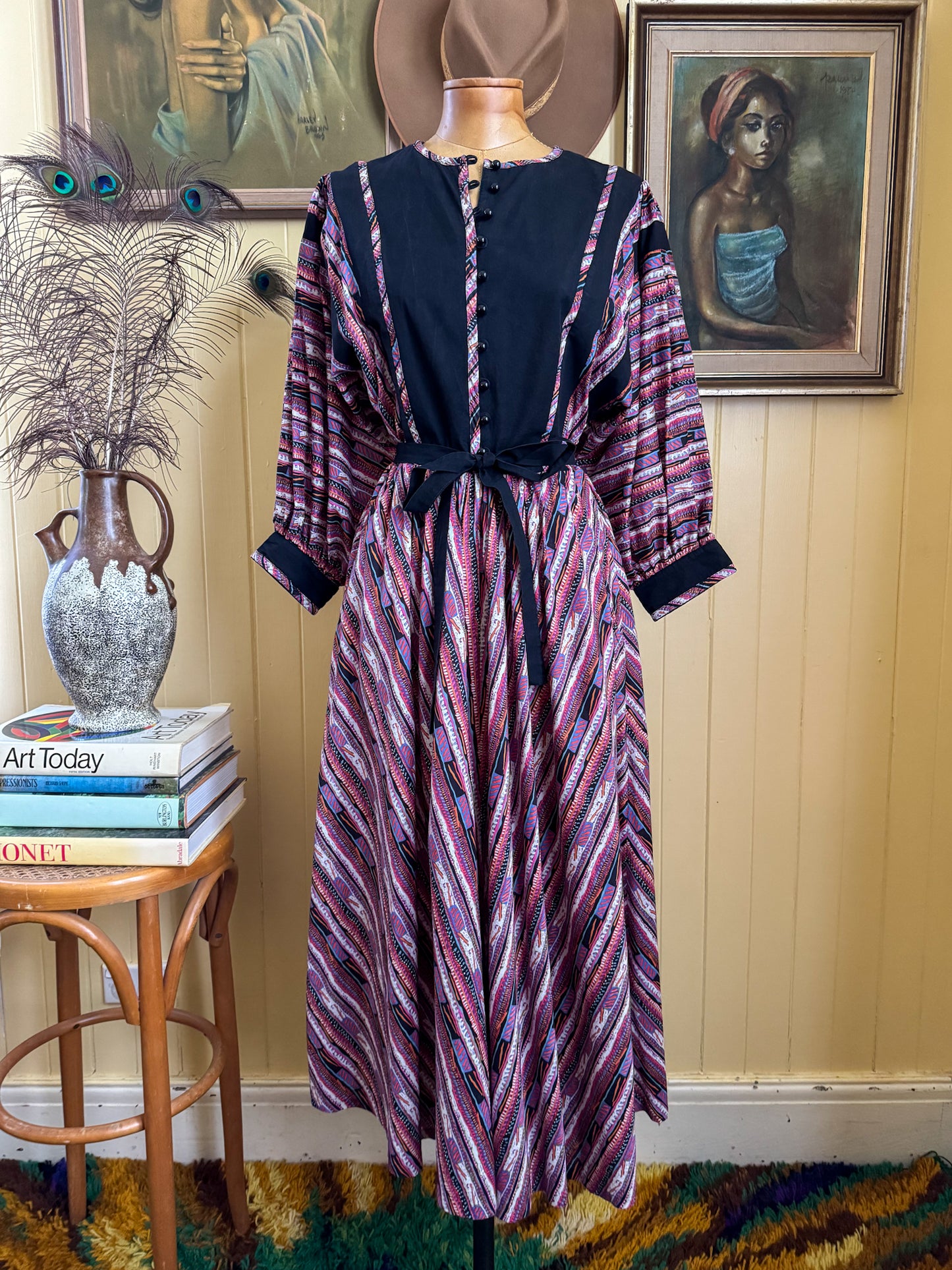 VINTAGE 1970S ORIGIN BY LIBERTY COTTON GEO PRINT BALLOON SLEEVE PRAIRIE DRESS S