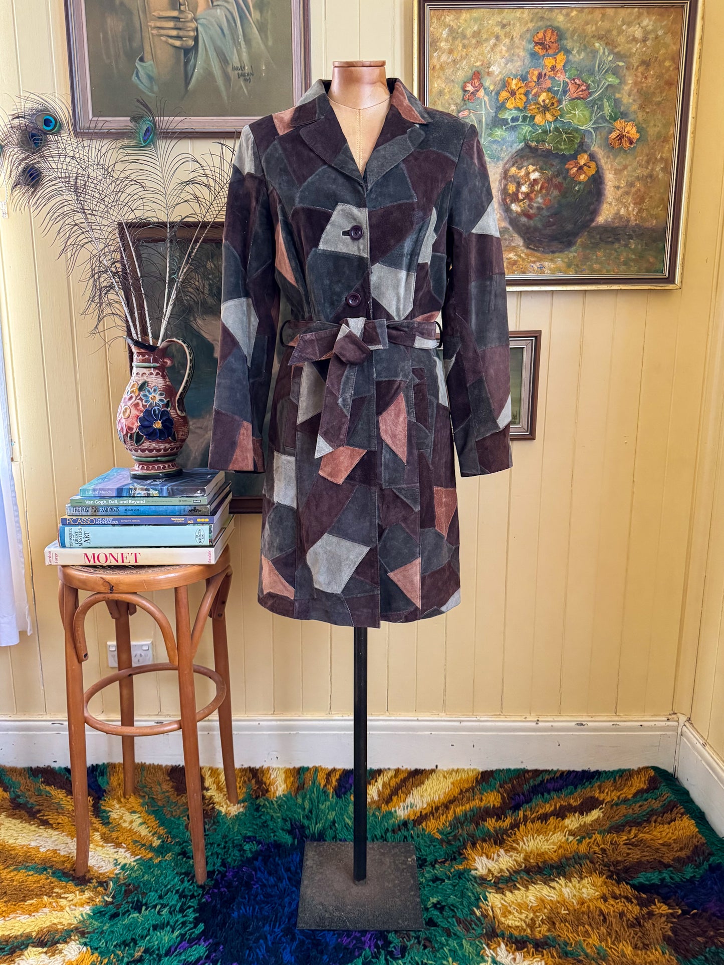 VINTAGE 1990S BEBE SUEDE LEATHER PATCHWORK TRENCH JACKET COAT S/M