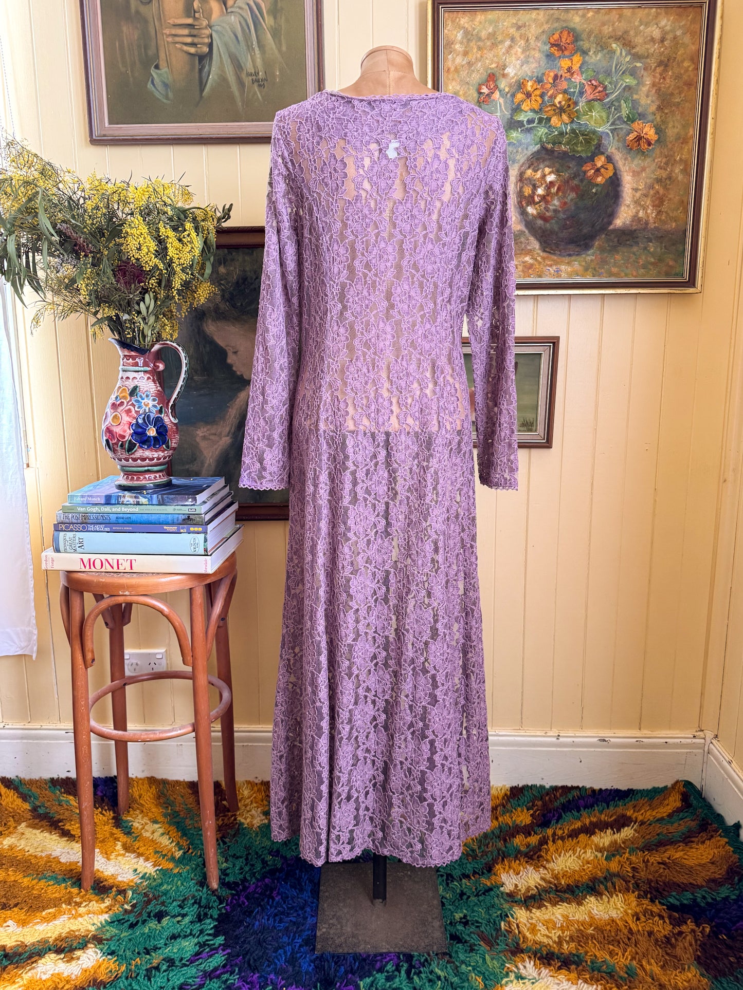 VINTAGE 1990S MAUVE LACE LONG SLEEVE MAXI DUSTER DRESS M/L