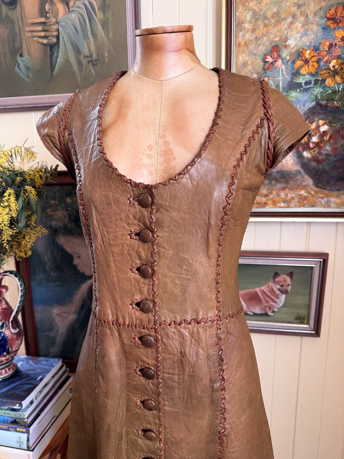 VINTAGE 1970S RARE ICONIC NORTH BEACH LEATHER WHIPSTITCH MIDI DRESS XS