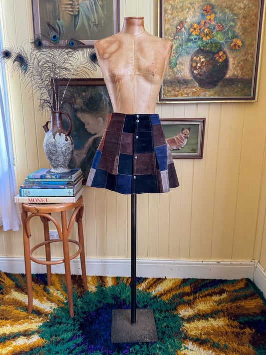 VINTAGE 1970S SUEDE LEATHER PATCHWORK BUTTON THROUGH MICRO MINI SKIRT S