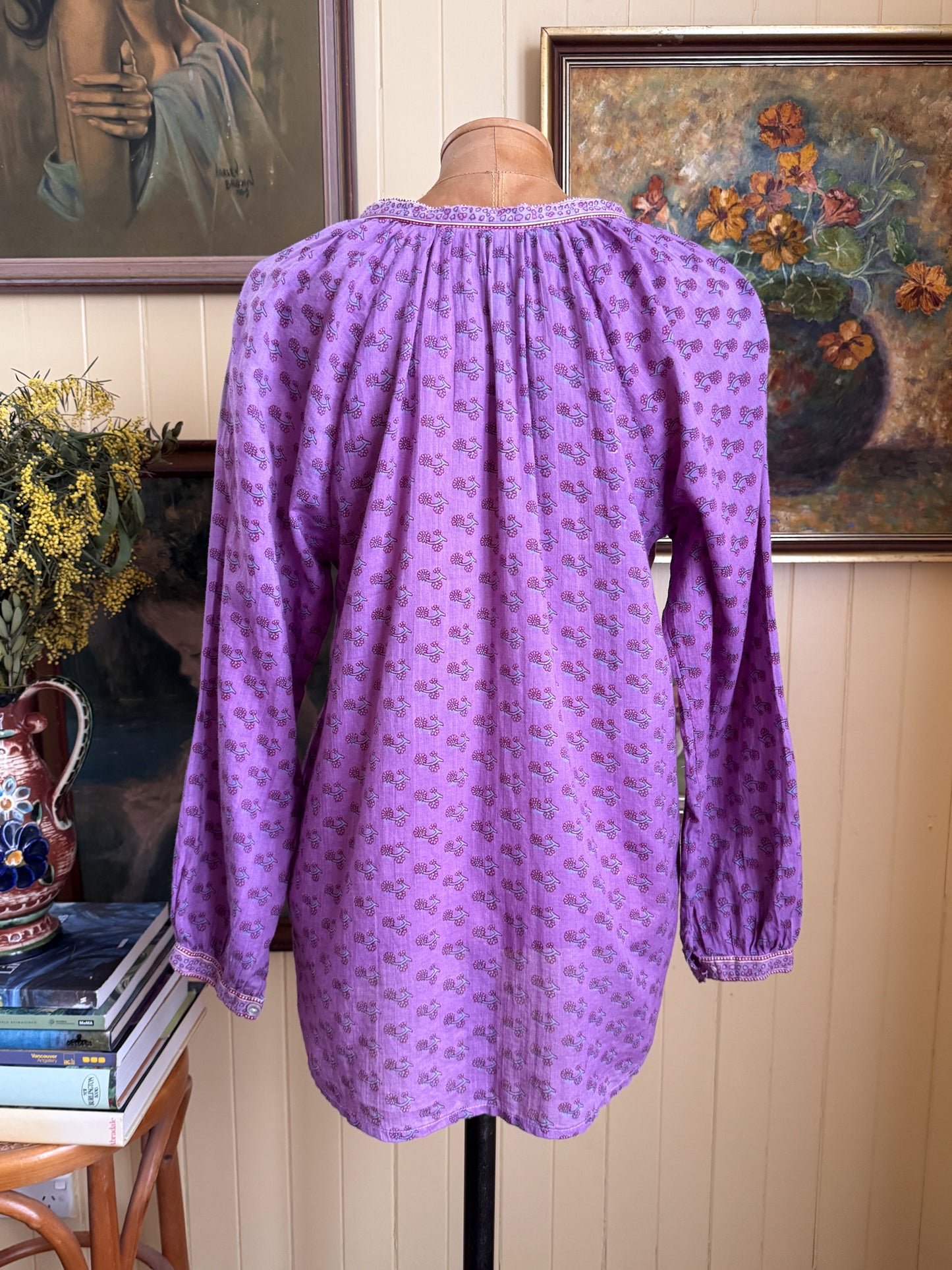 VINTAGE 1970S LASTANGO PAKISTANI COTTON GAUZE BLOCK PRINT BLOUSE S/M