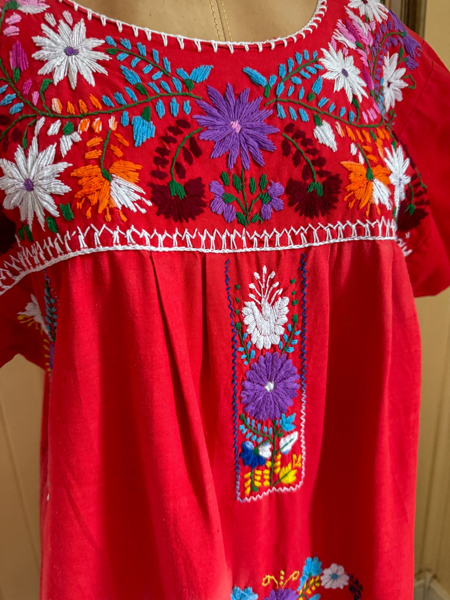 VINTAGE 1980S MEXICAN COTTON EMBROIDERED SMOCK MIDI DRESS S/M