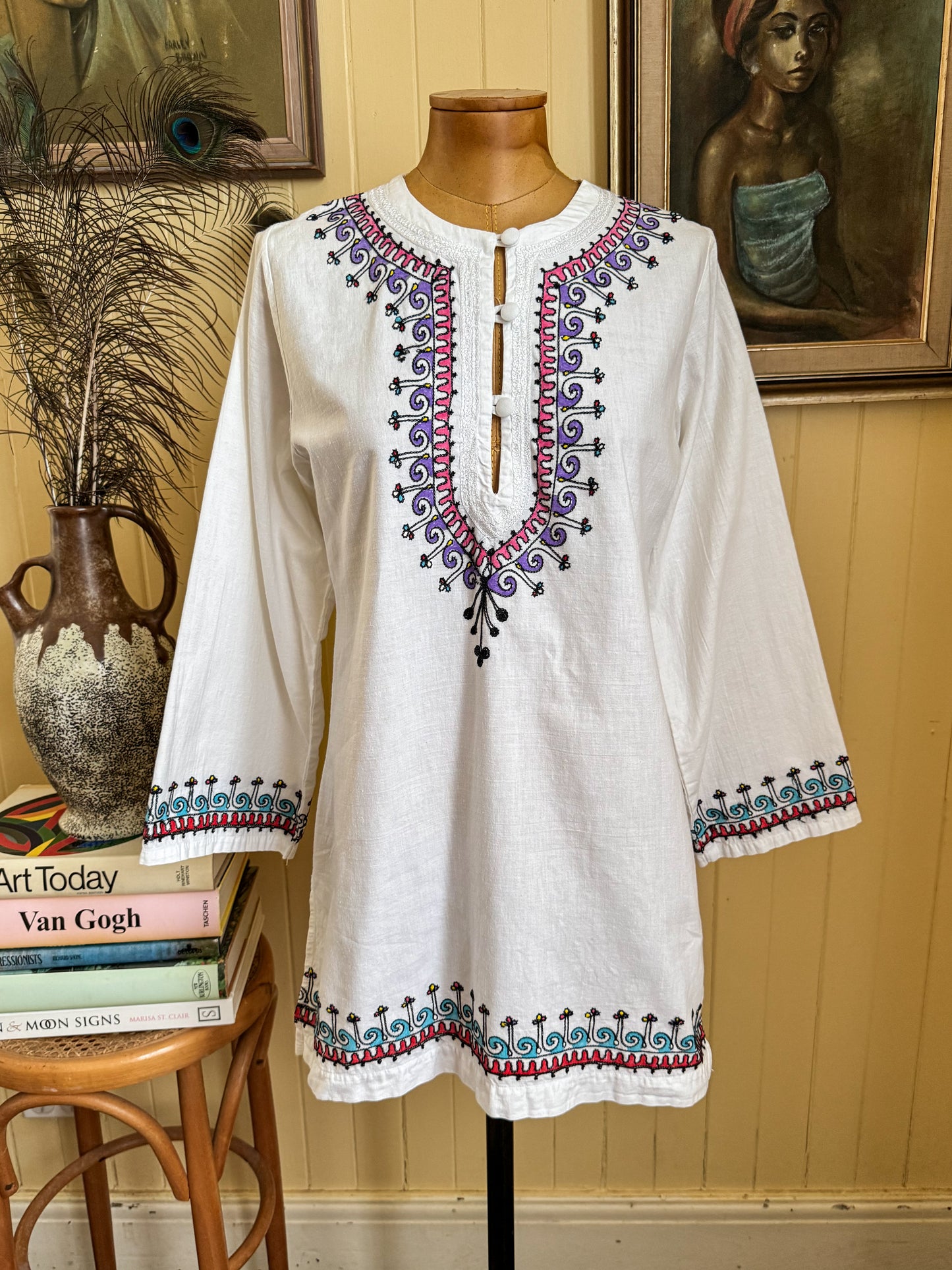 VINTAGE 1970S PAKISTANI COTTON EMBROIDERED TUNIC BLOUSE S