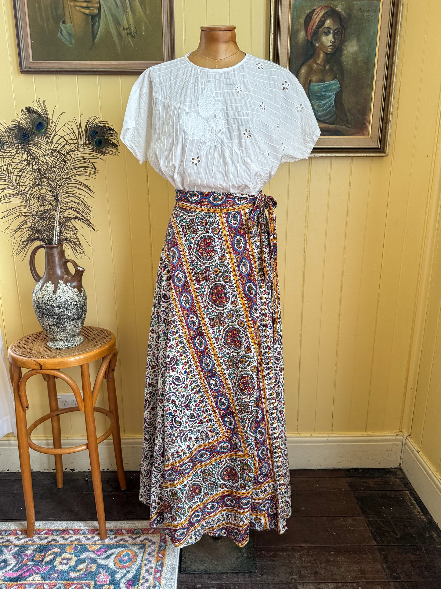 VINTAGE 1970S AYESHA DAVAR INDIAN COTTON BLOCK PRINT WRAP MAXI SKIRT M