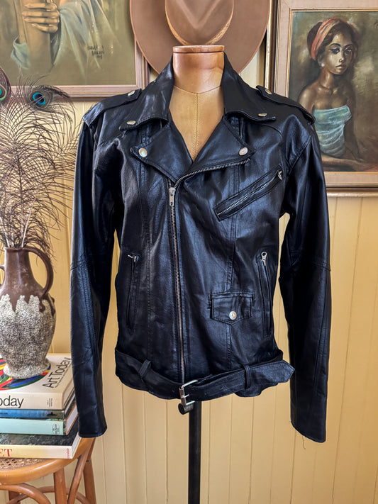 VINTAGE 1980S GIORGIO FIRMANI BLACK LEATHER MOTORCYCLE JACKET M
