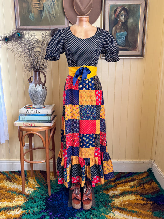 VINTAGE 1970S BINDI OF MELBOURNE COTTON PATCHWORK MAXI PRAIRIE DRESS XS/S
