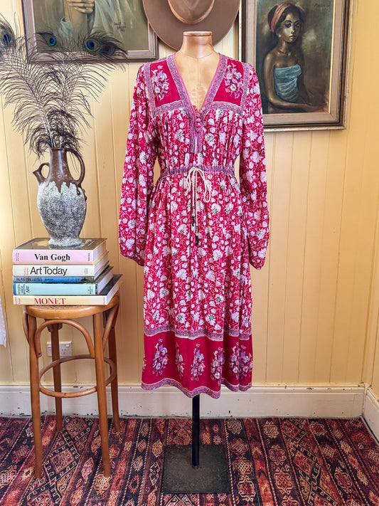 VINTAGE 1970S RARE INTERLINKS INDIAN COTTON GAUZE BLOCK PRINT MIDI DRESS M/L