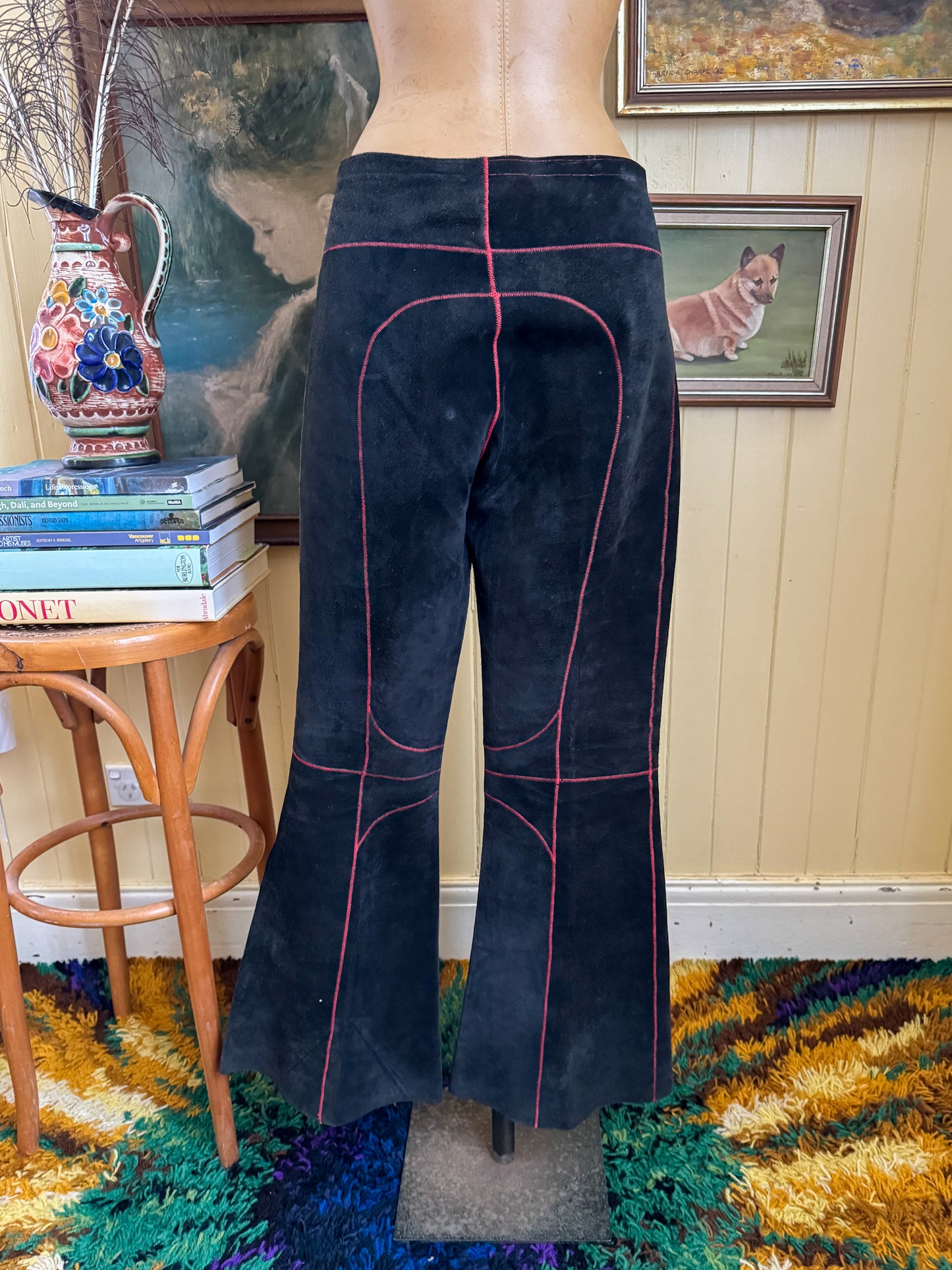 VINTAGE 1970S RARE ROB BLACK SUEDE LEATHER SEAM DETAIL FLARES S
