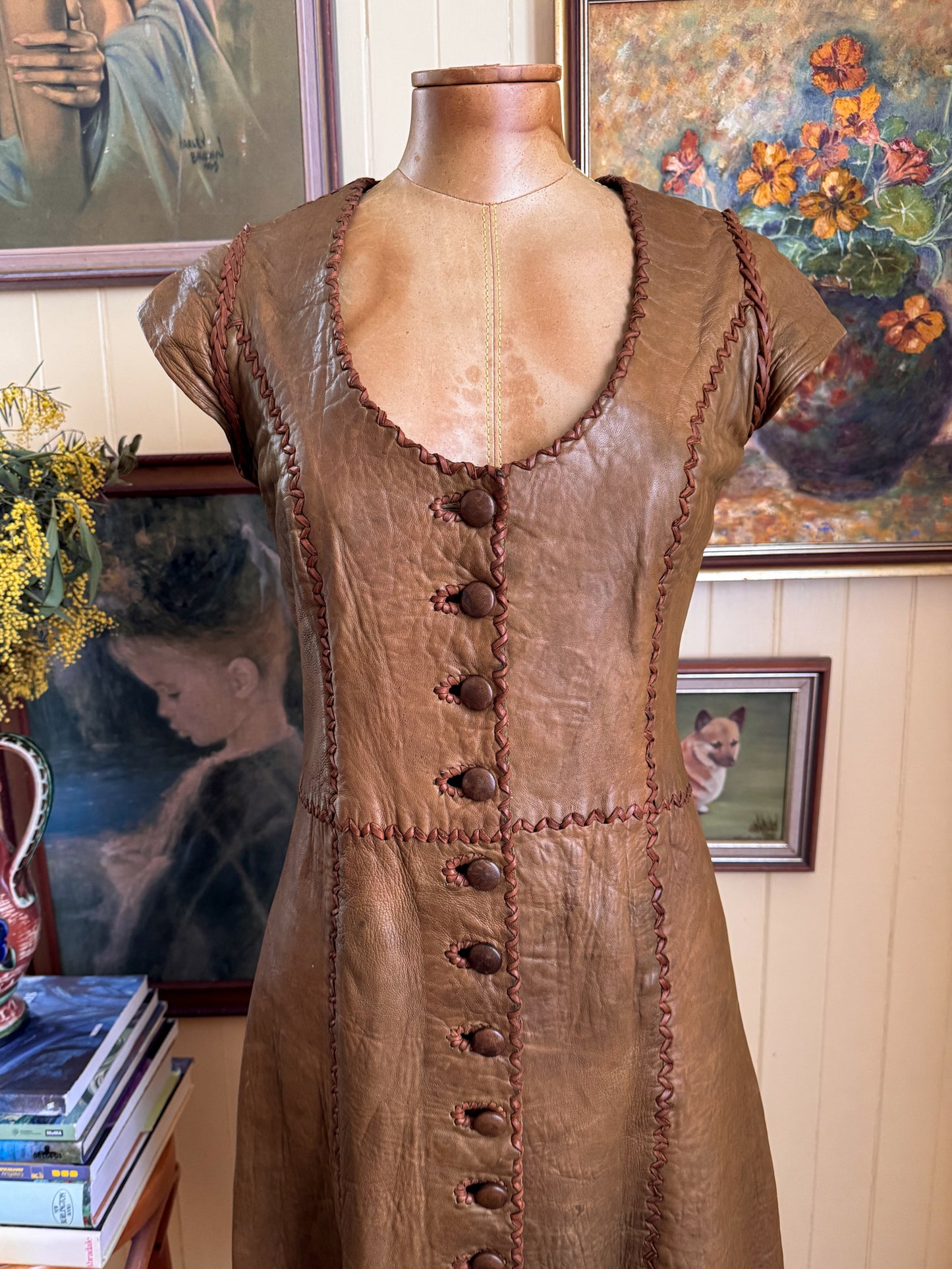 VINTAGE 1970S RARE ICONIC NORTH BEACH LEATHER WHIPSTITCH MIDI DRESS XS