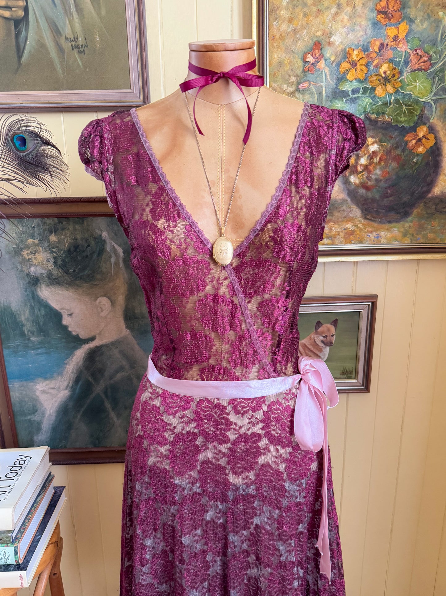 VINTAGE 1990S AUSTRALIAN REVIEW SHEER LACE TULLE RIBBON MIDI DRESS S