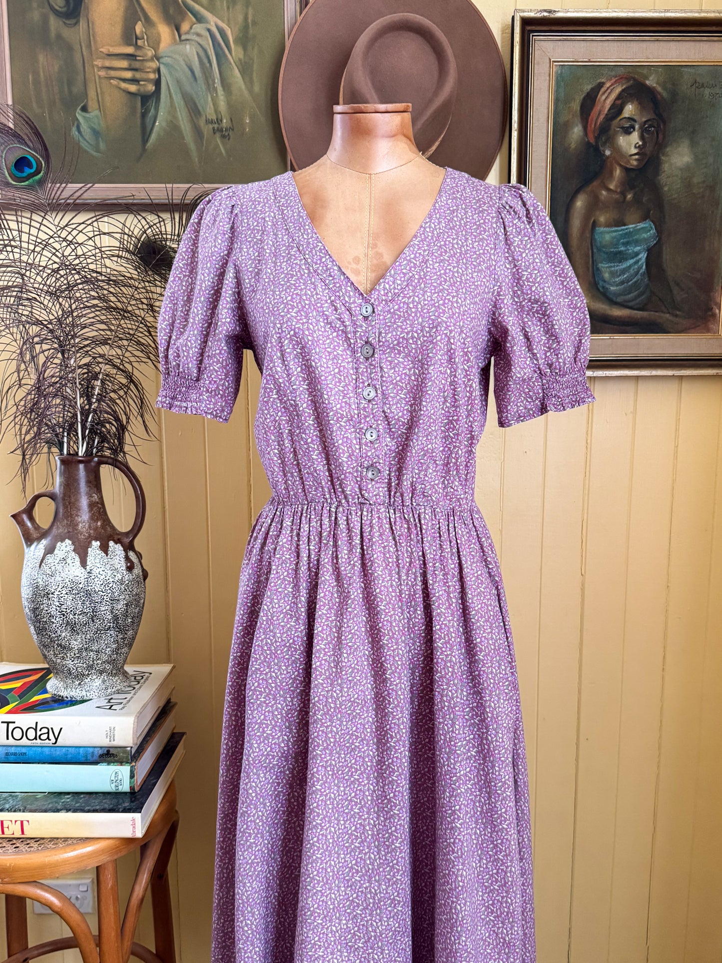 VINTAGE 1980S ENGLISH LAURA ASHLEY COTTON FLORAL PRINT PRAIRIE DRESS S/M