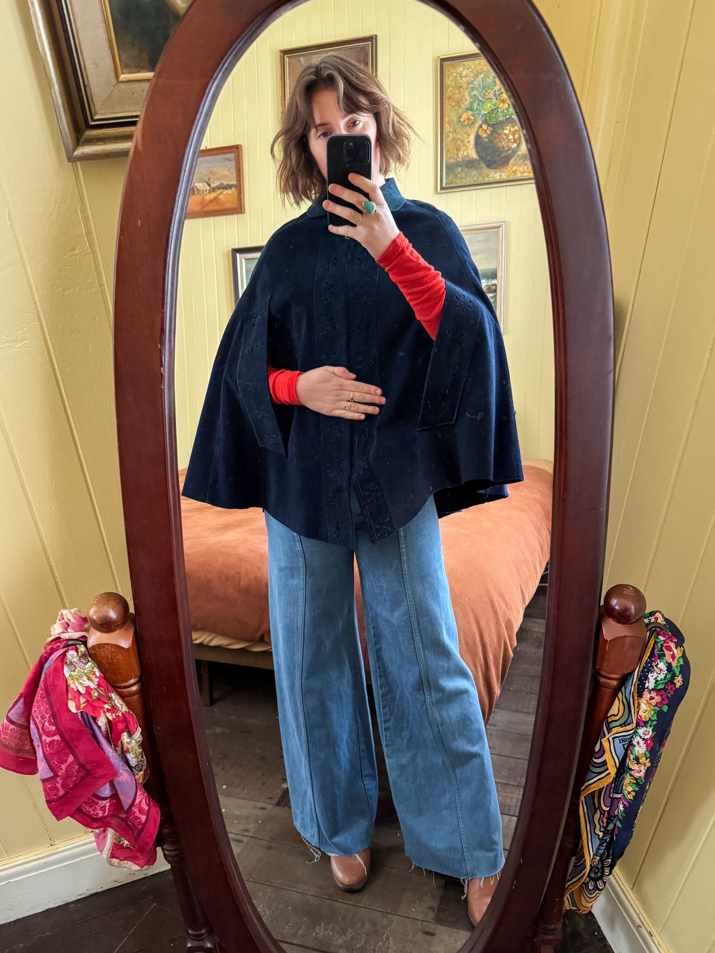VINTAGE 1970S MEXICAN NAVY SUEDE LEATHER CUT OUT ZIP THROUGH PONCHO S/M/L