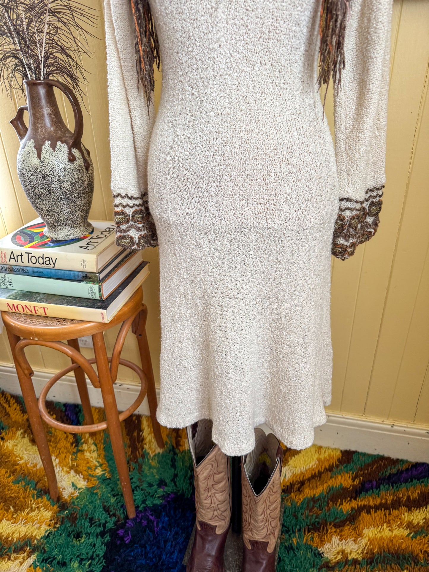 VINTAGE 1980S CROCHETTA OPEN WEAVE BOUCLE FRINGE KNIT MIDI DRESS S
