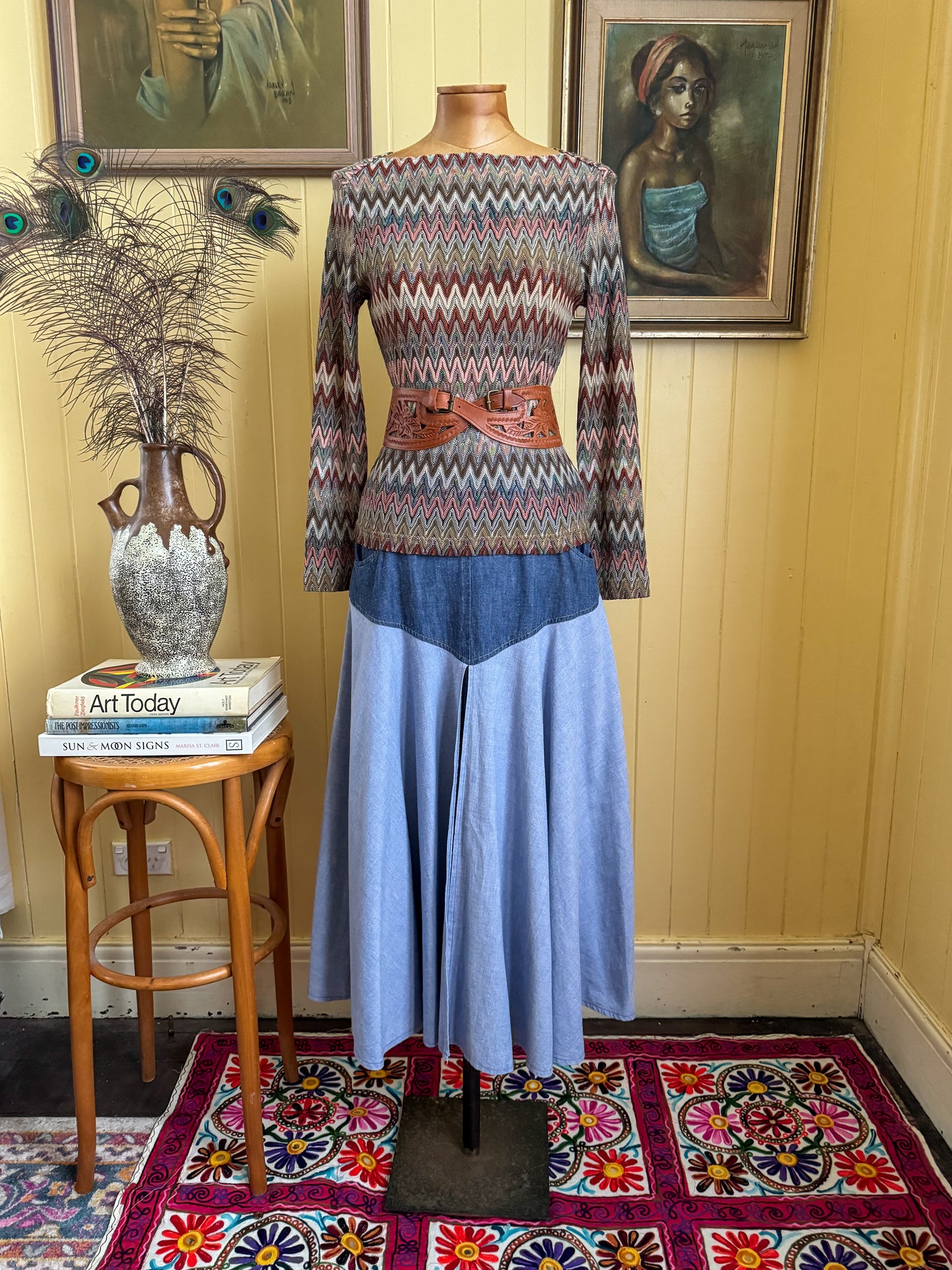 VINTAGE 1970S SALLY BROWNE DENIM + LACE MIDI SKIRT XS/S