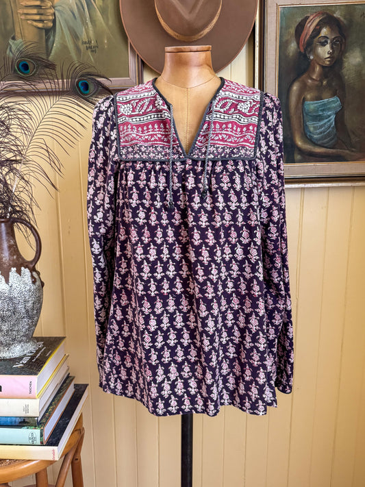 VINTAGE 1970S MALIKA INDIAN COTTON BLOCK PRINT FOLK BLOUSE S/M
