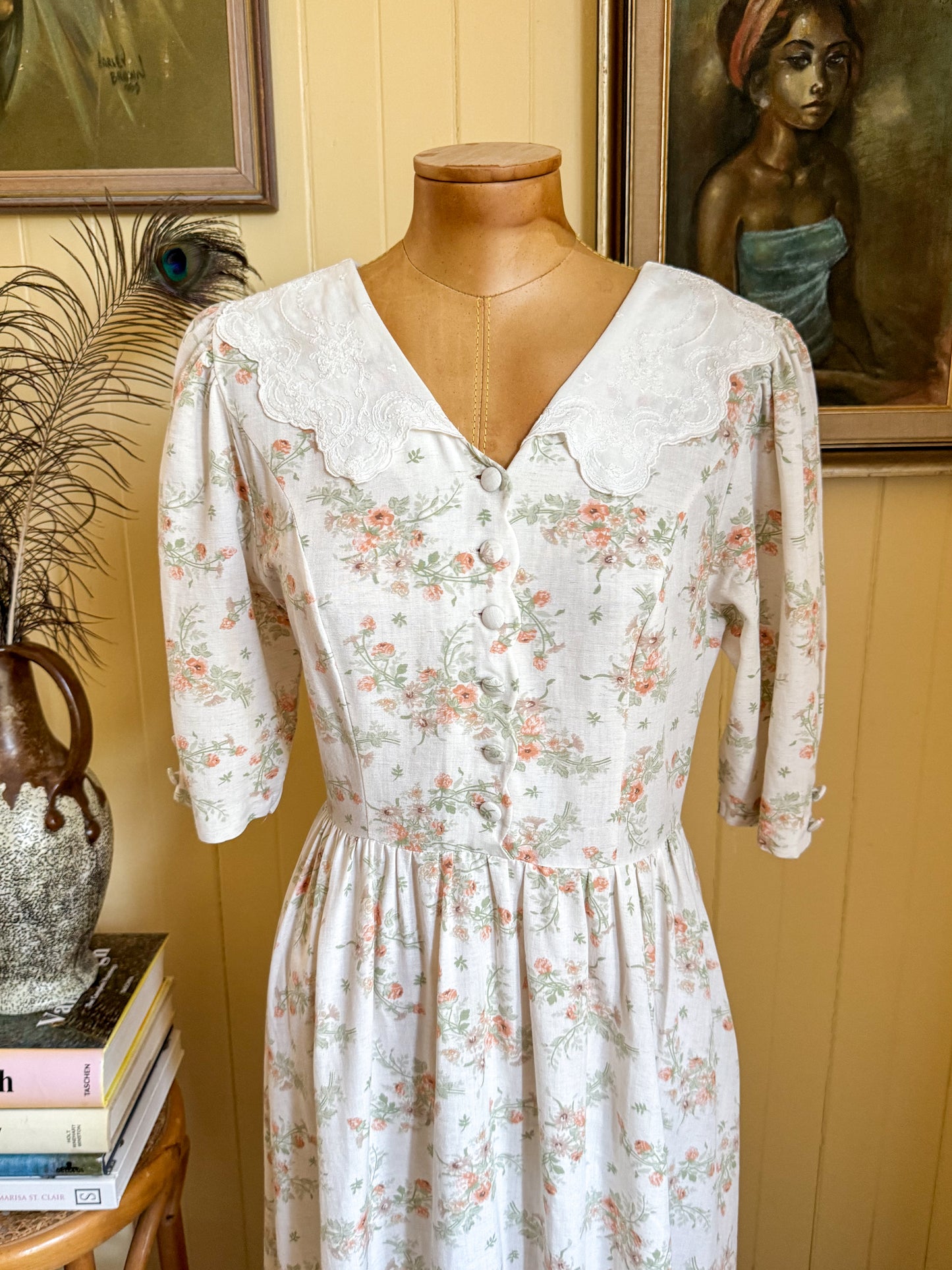 VINTAGE 1980S LAURA ASHLEY ENGLISH LACE COLLAR FLORAL PRINT PRAIRIE DRESS XS/S