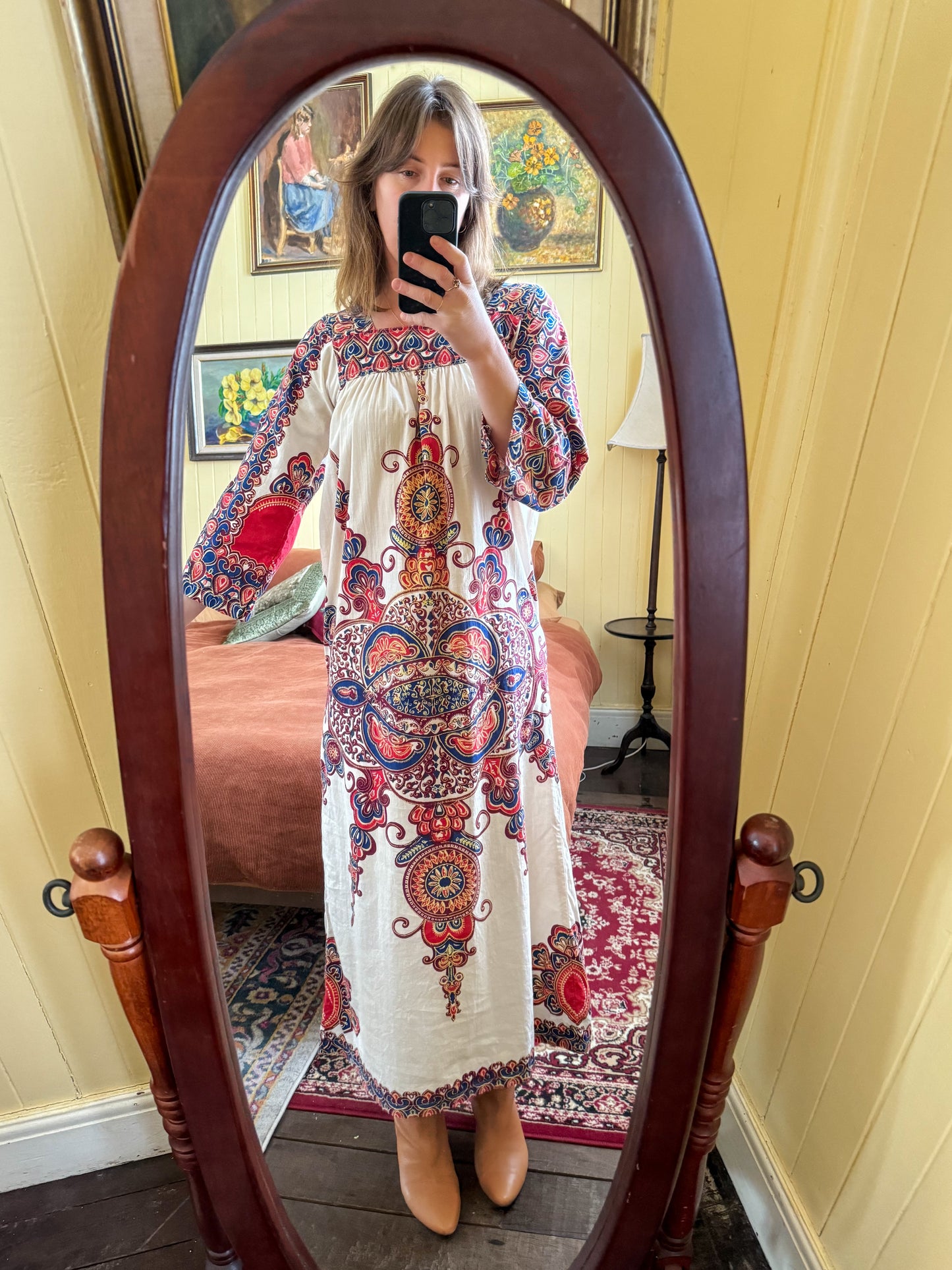 VINTAGE 1970S MR JOE PAKISTANI COTTON BLOCK PRINT MIDI DRESS S