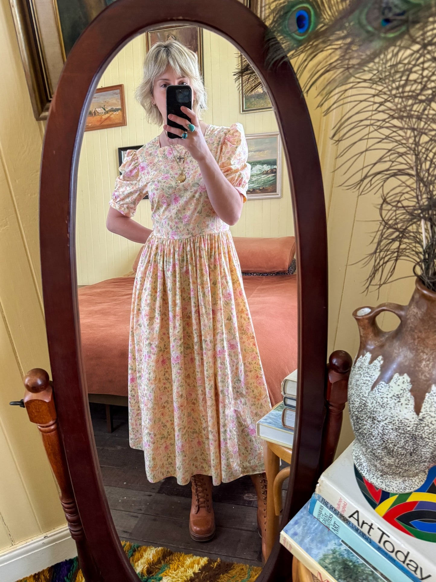 VINTAGE 1990S LAURA ASHLEY COTTON FLORAL PRINT PRAIRIE DRESS M/L