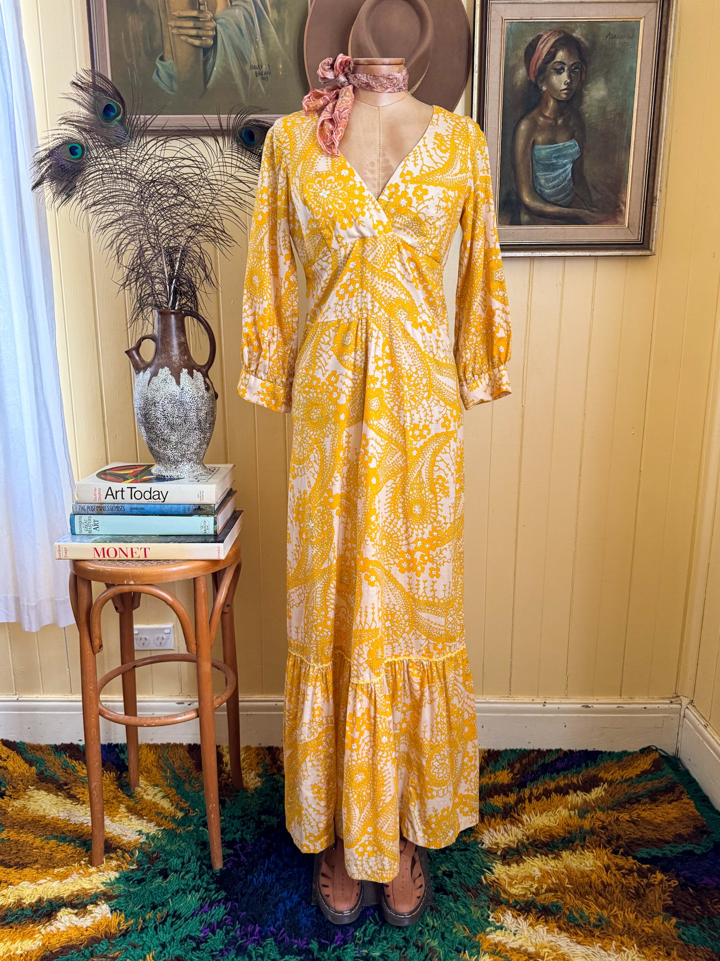 VINTAGE 1970S TRIXY COTTON FLORAL PRINT MAXI PRAIRIE DRESS S