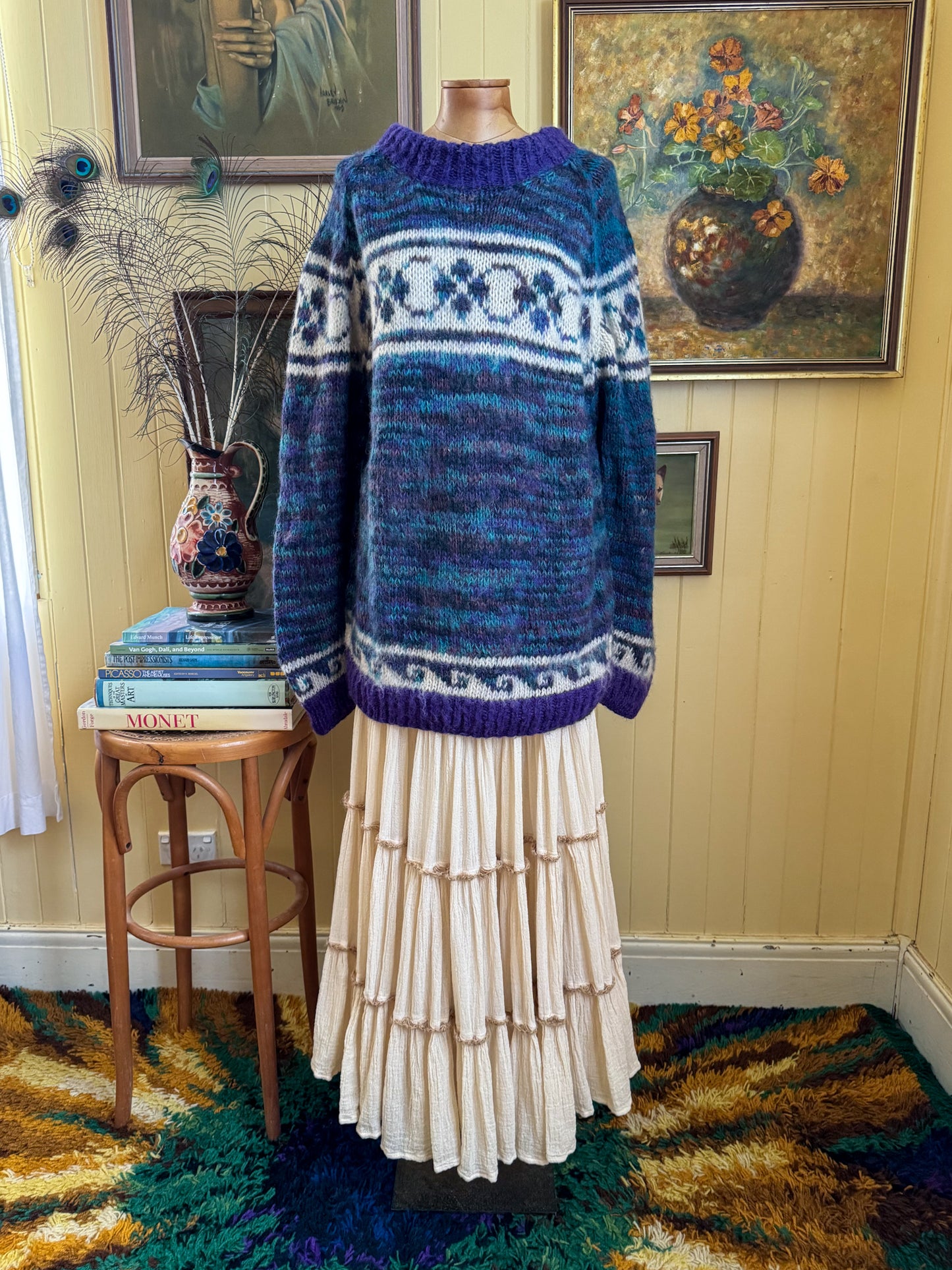 VINTAGE HANDMADE ALPACA WOOL MOTIF CHUNKY KNIT JUMPER L/XL