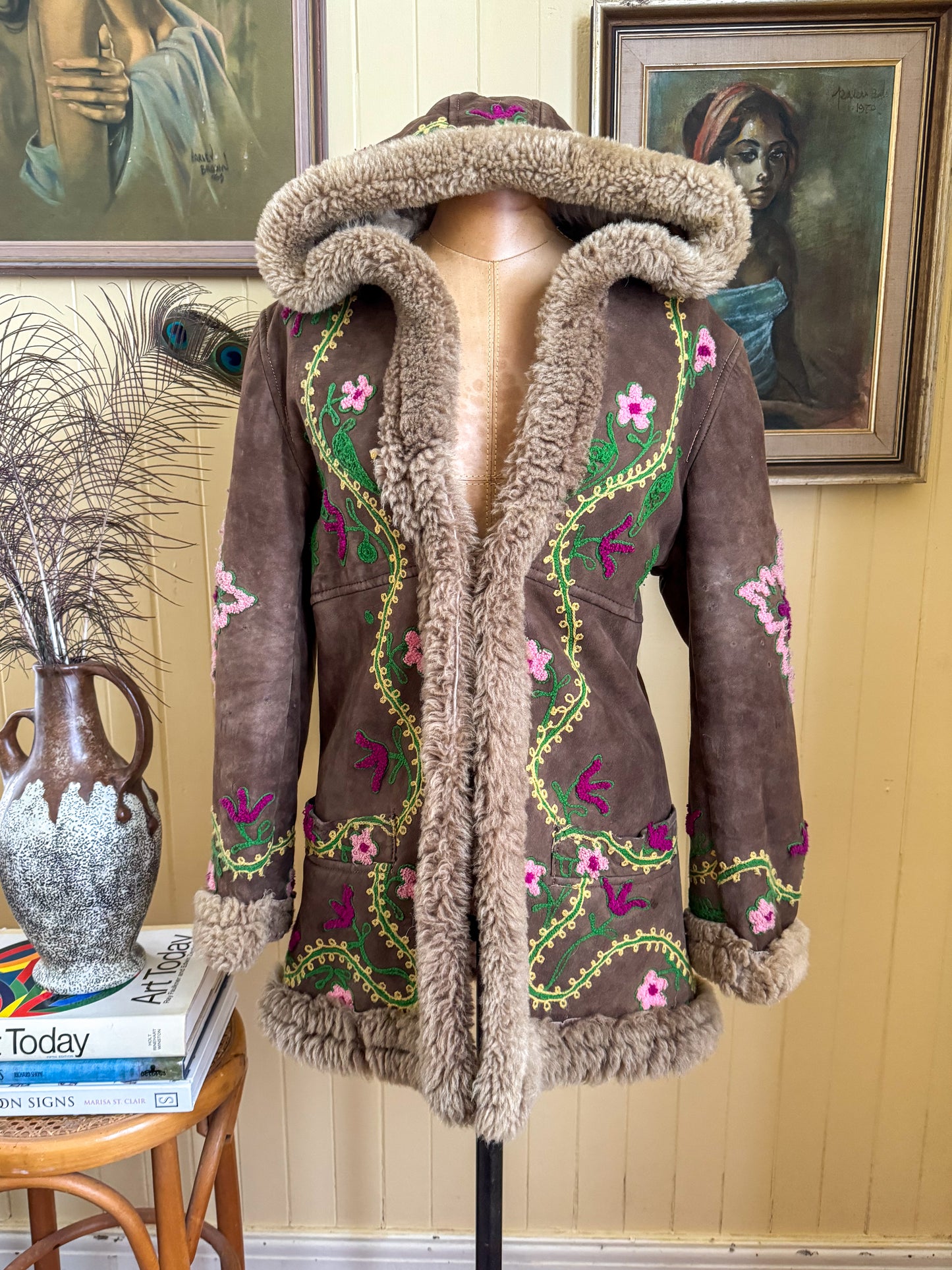 VINTAGE 1960S RARE YAQUB TURKISH SUEDE LEATHER SHEEPSKIN PENNY LANE EMBROIDERED COAT XS/S