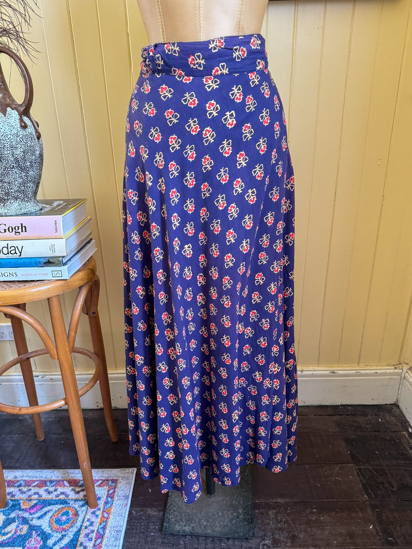 VINTAGE 1970S INDIAN COTTON BLOCK PRINT WRAP MAXI SKIRT S