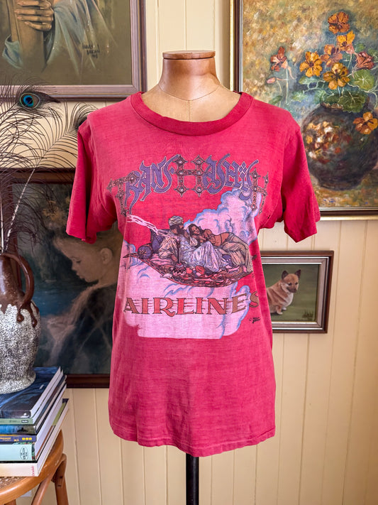 VINTAGE 1970S RARE TERRY LAMB TRANS-HASHISH AIRLINES PRINT SINGLE STITCH TSHIRT S