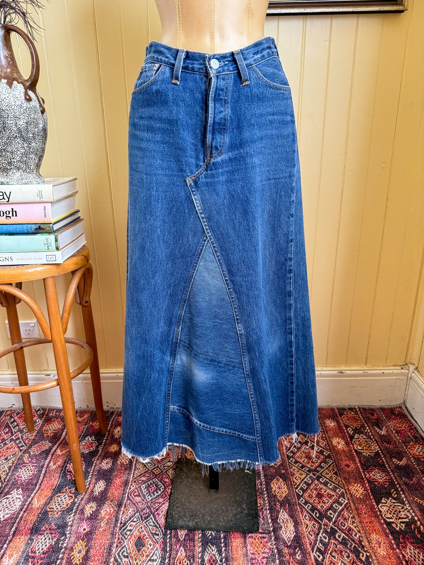 VINTAGE REWORKED LEVI’S COTTON DENIM PANELLED MIDI SKIRT S/M