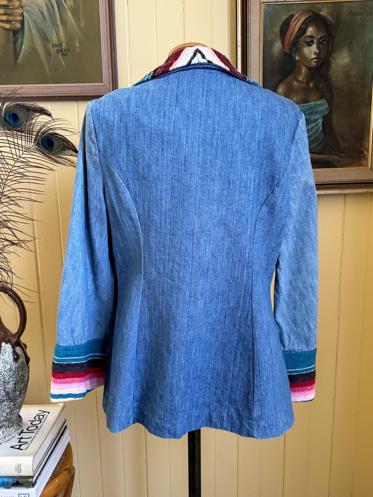 VINTAGE 1970S COTTON DENIM RAINBOW TAPESTRY BLAZER JACKET S/M