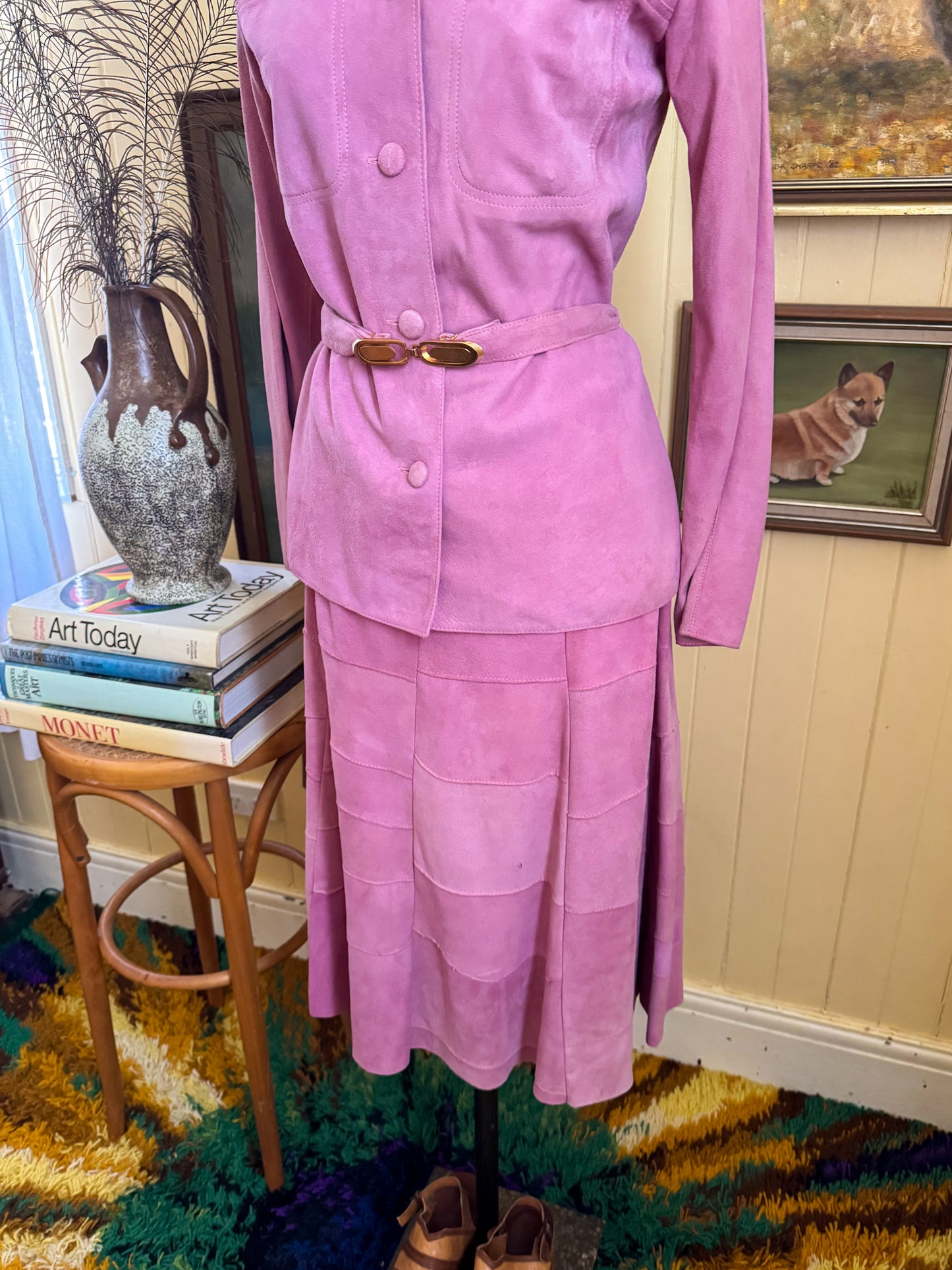VINTAGE 1970S DRESKE SOMOFF PINK PATCHWORK SUEDE JACKET AND MIDI SKIRT SET XS