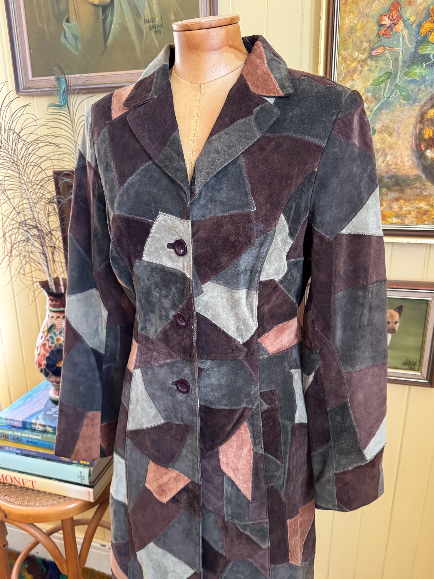 VINTAGE 1990S BEBE SUEDE LEATHER PATCHWORK TRENCH JACKET COAT S/M