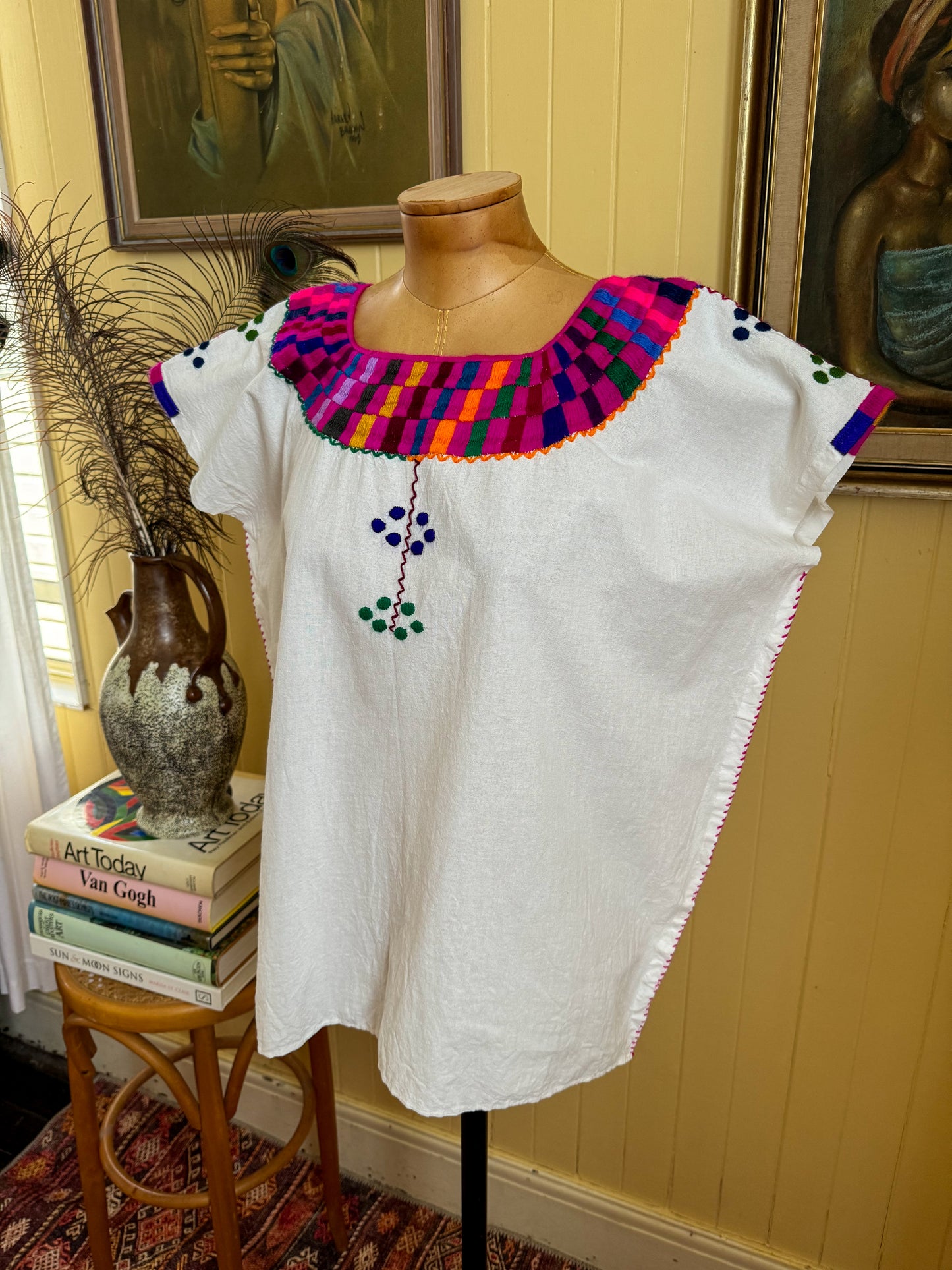 VINTAGE 1990S MEXICAN COTTON EMBROIDERED HUIPIL TOP L/XL/XXL