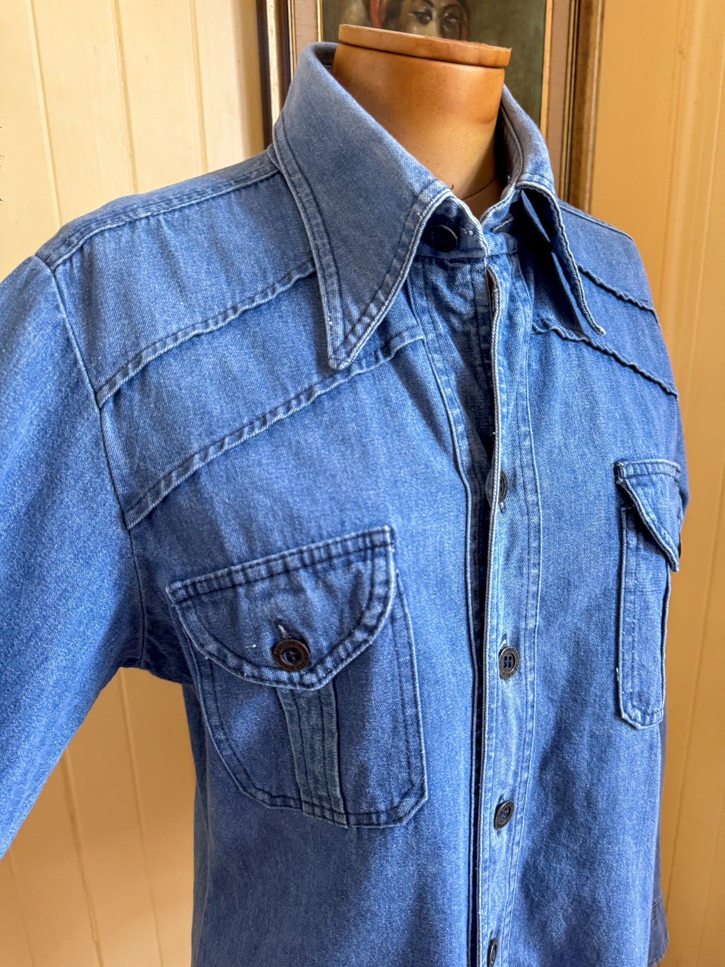 VINTAGE 1970S AMCO COTTON DENIM PATCH POCKET SHIRT JACKET S/M