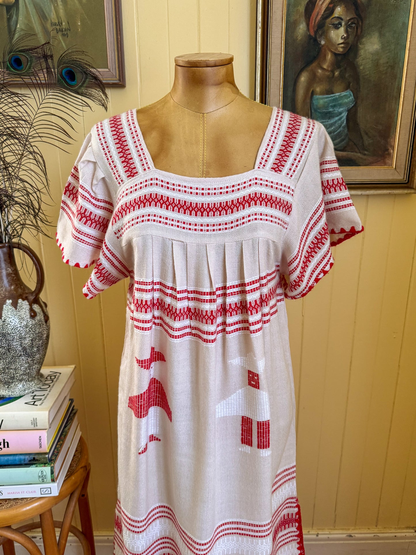 VINTAGE 1990S MEXICAN EMBROIDERED HUIPIL MIDI SMOCK DRESS S/M