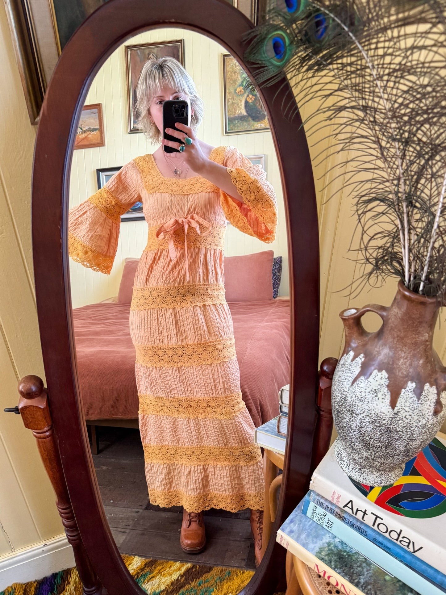 VINTAGE 1970S MEXICAN PIN TUCK COTTON CROCHET MAXI DRESS M/L