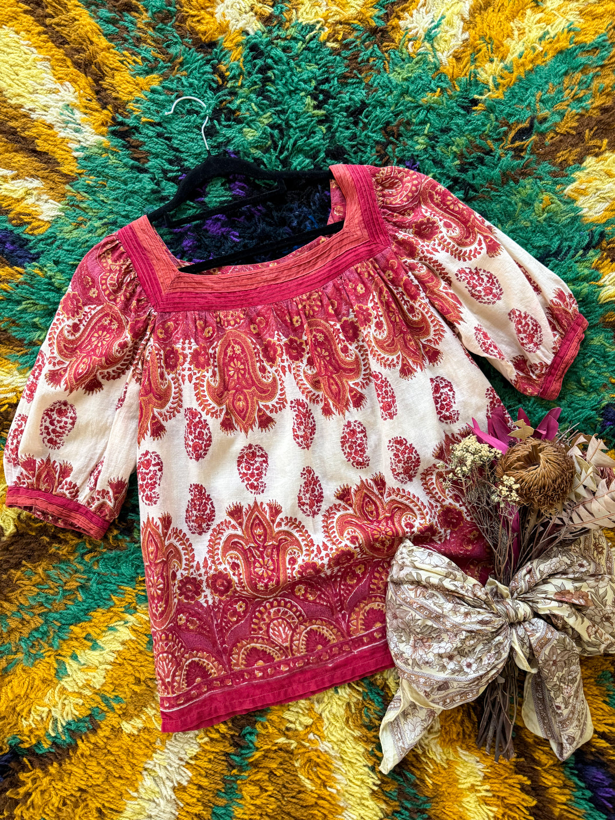 VINTAGE 1970S ANOKHI INDIAN COTTON PAISLEY PRINT PEASANT BLOUSE M