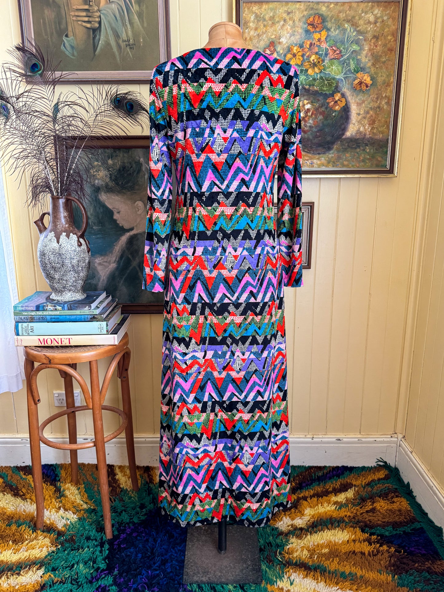 VINTAGE 1990S MAGLIA VELVET RAINBOW CHEVRON MAXI DRESS M/L