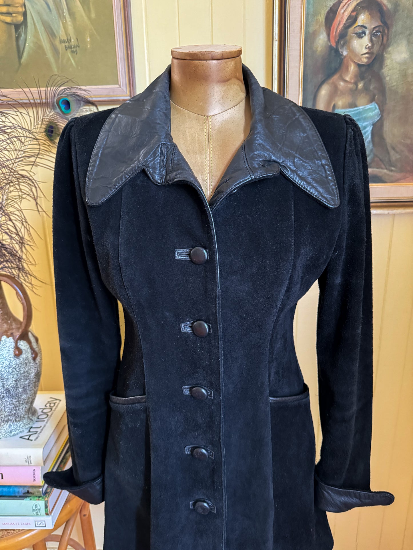 VINTAGE 1990S ANNA SAXON BLACK SUEDE LEATHER BLAZER JACKET S