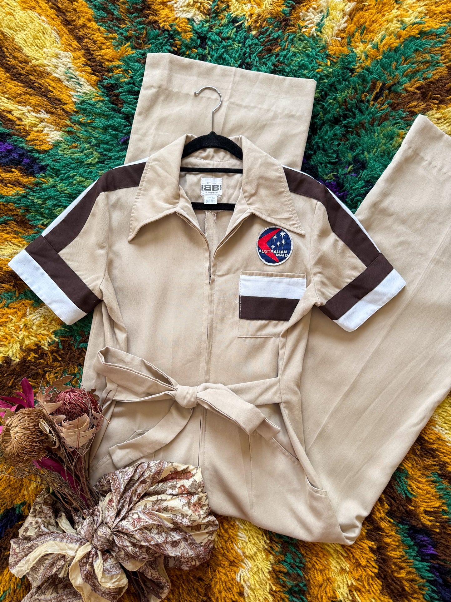 VINTAGE 1970S IBBI COTTON BLEND PATCH WIDE LEG BOILER SUIT S/M