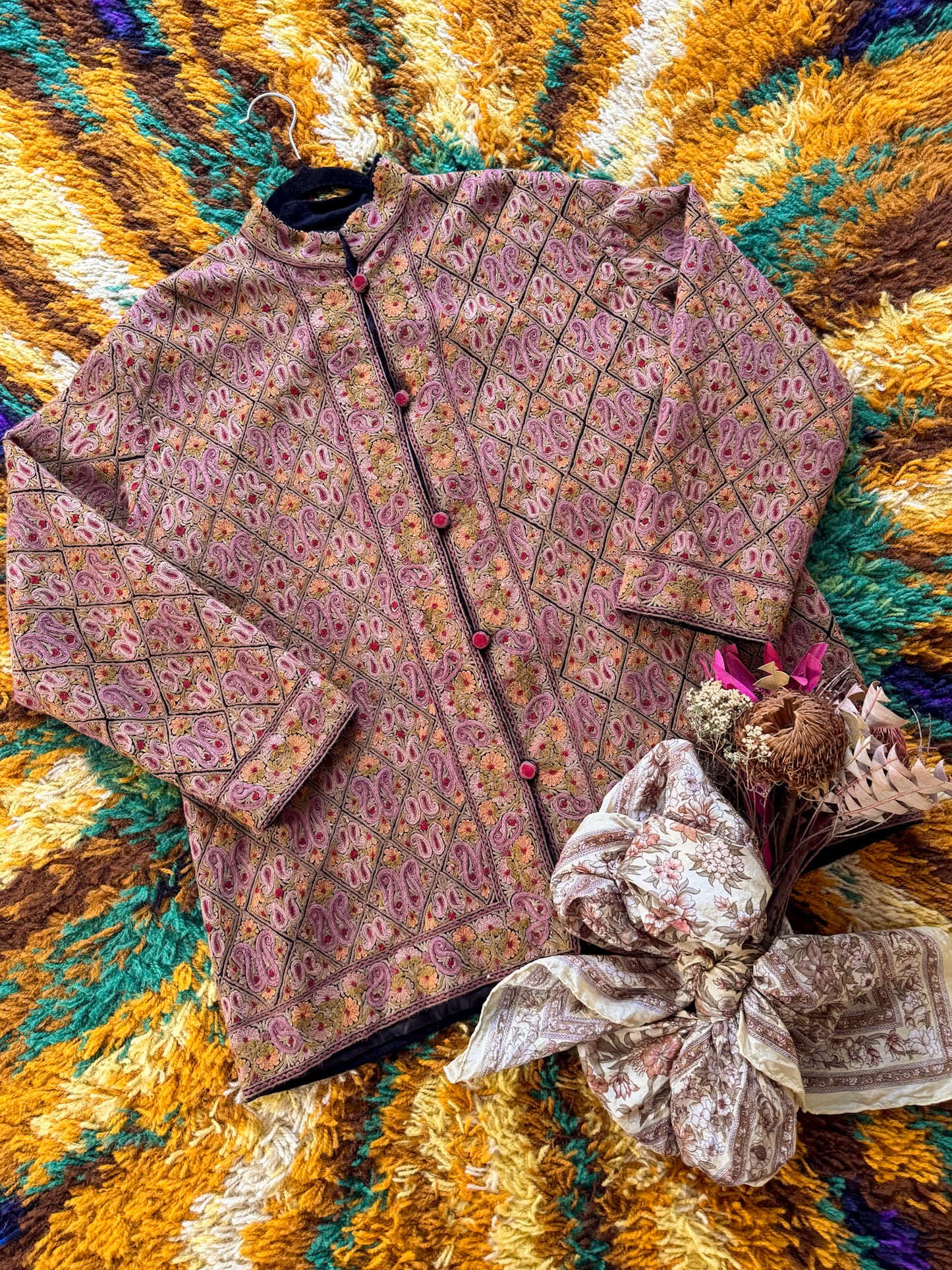 VINTAGE KASHMIR INDIAN PURE WOOL EMBROIDERED BUTTON THROUGH JACKET L