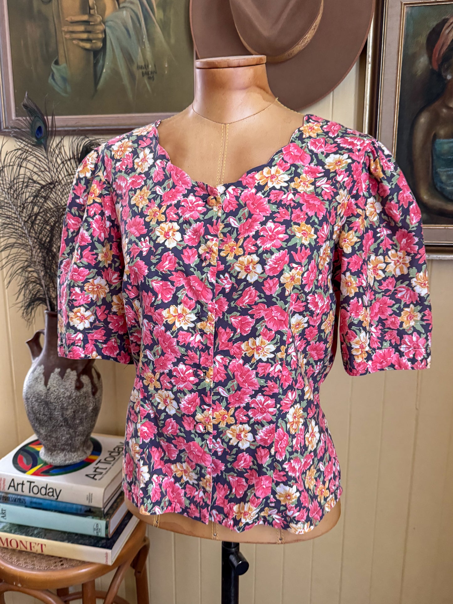VINTAGE 1980S AUSTRALIAN LAURA ASHLEY COTTON FLORAL PRINT BLOUSE M