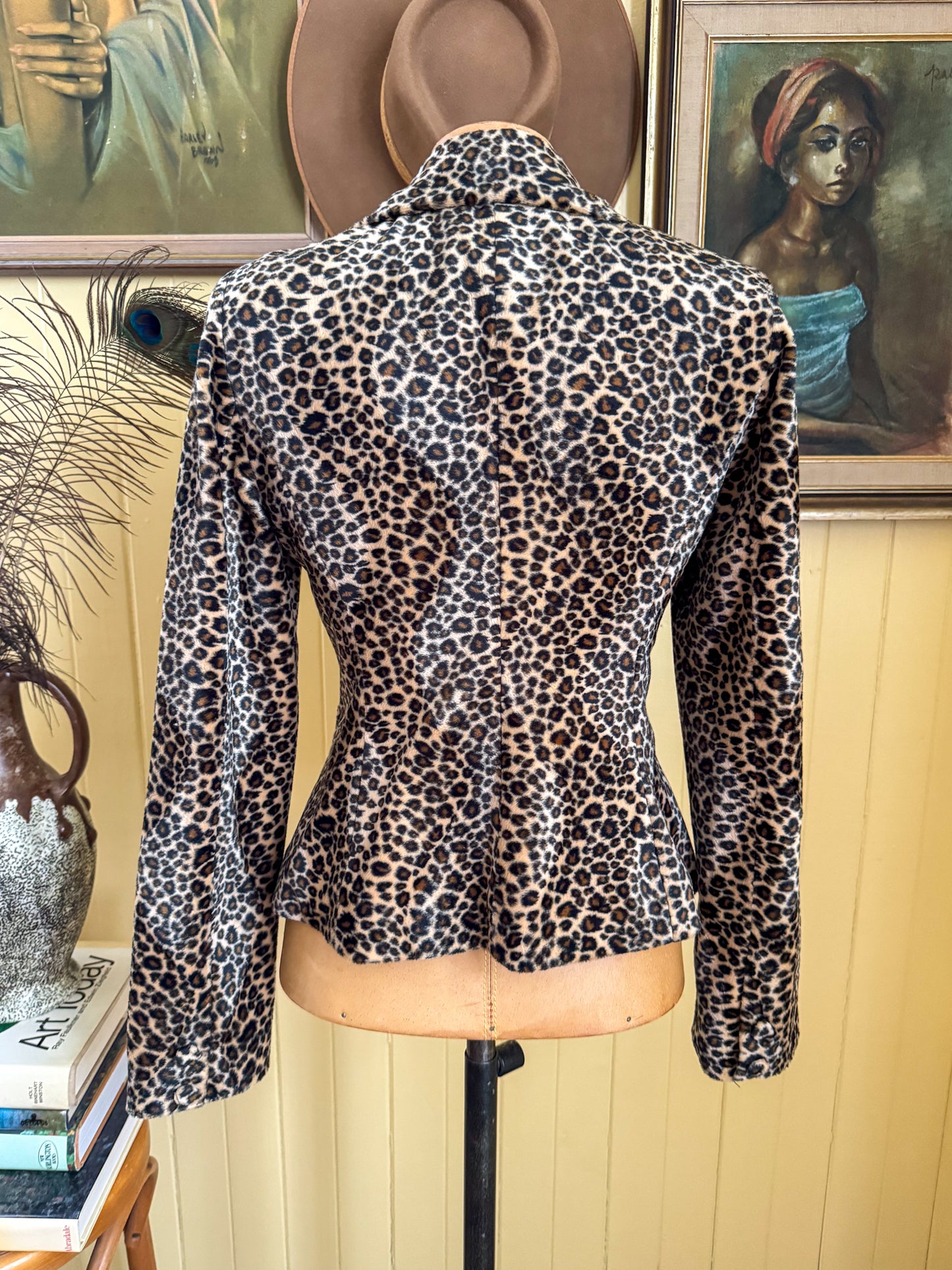 VINTAGE 1990S VERY VERY LEOPARD PRINT VELVET CROPPED BLAZER JACKET S