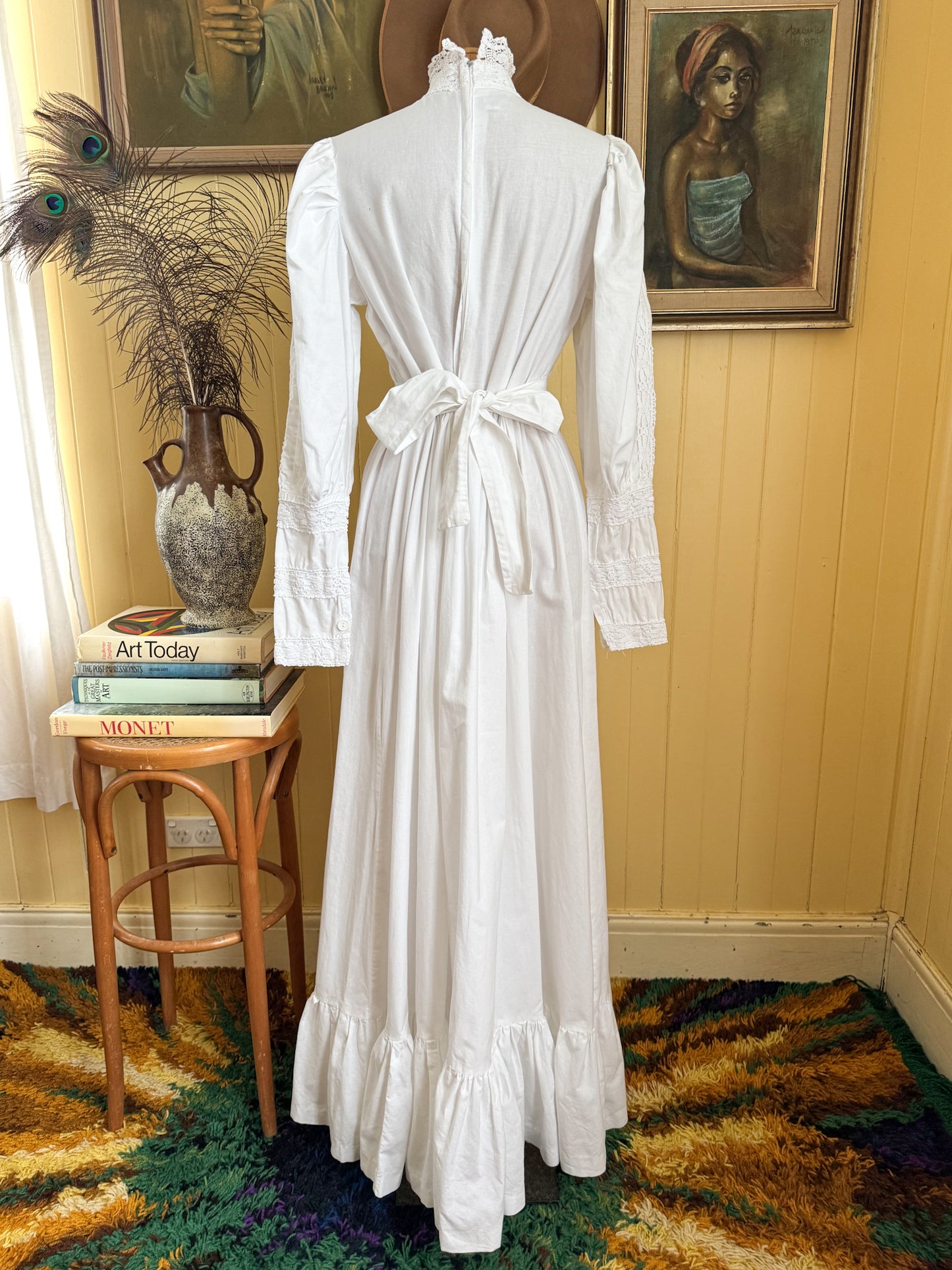 VINTAGE 1970S ENGLISH LAURA ASHLEY COTTON MAXI VICTORIANA PRAIRIE DRESS M