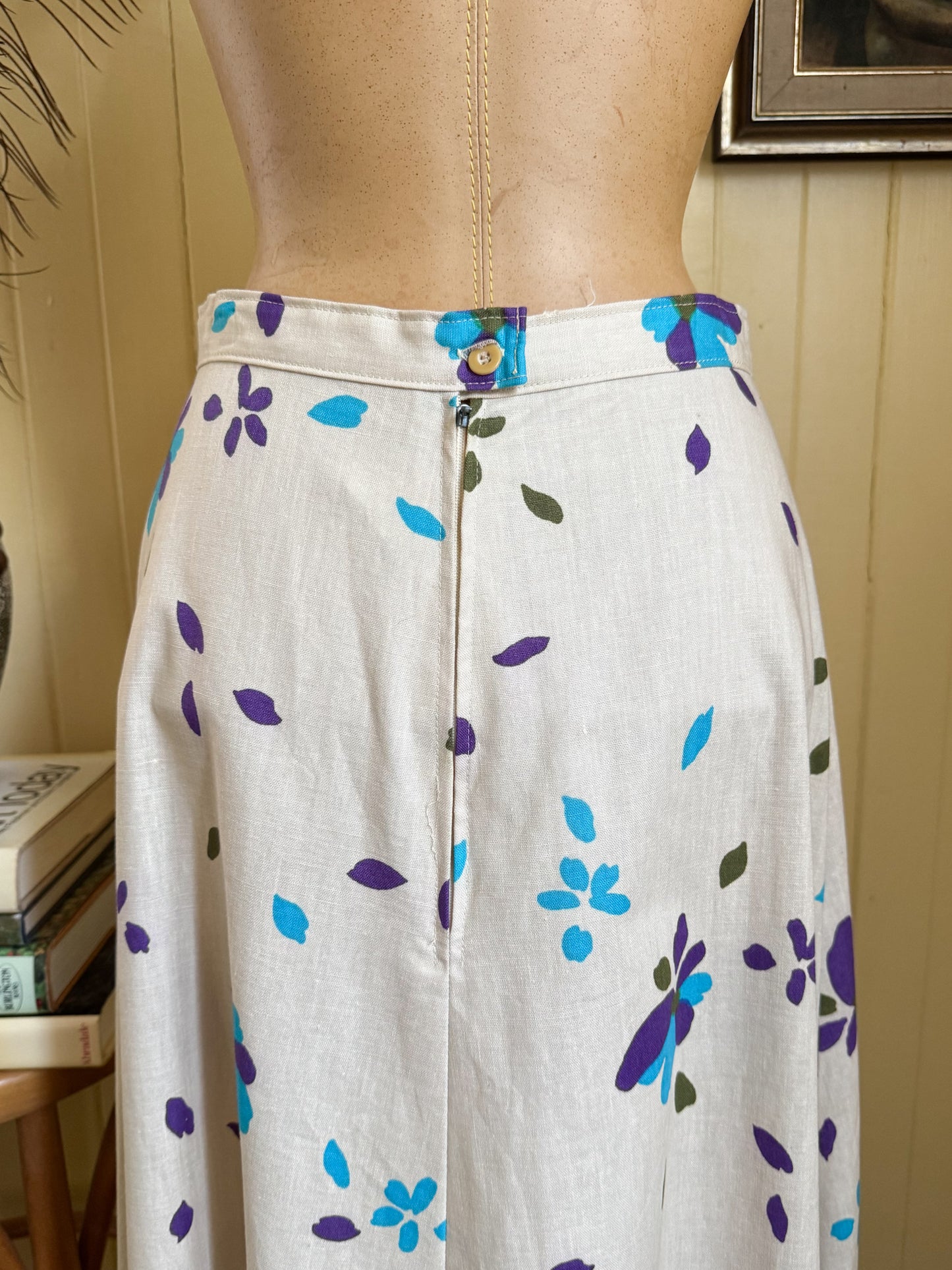 VINTAGE 1970S FINNISH COTTON ABSTRACT FLORAL PRINT MAXI SKIRT S