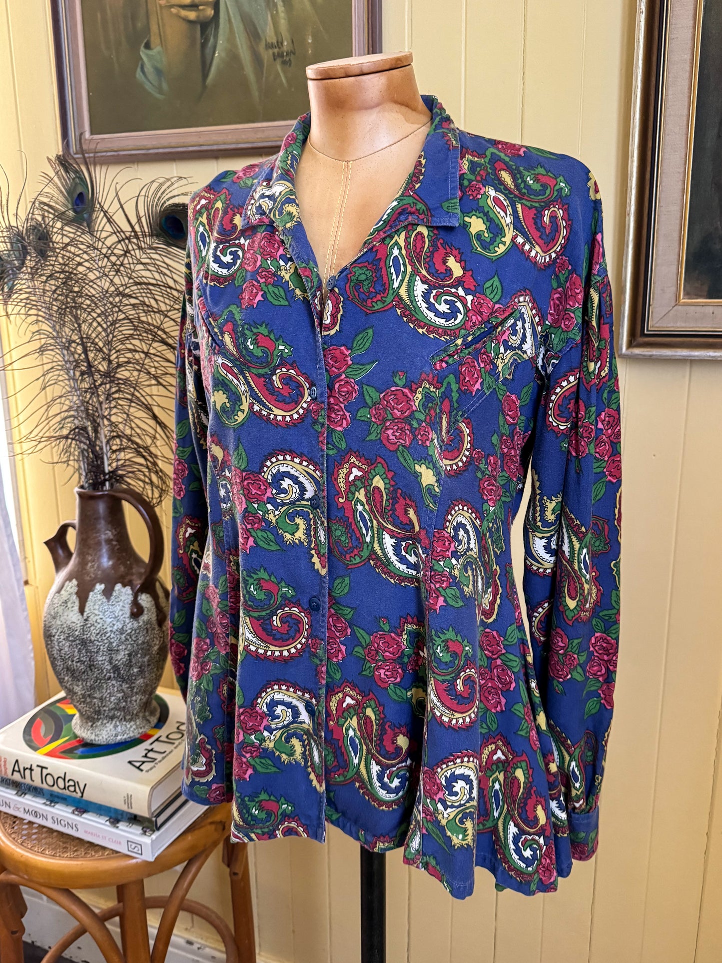 VINTAGE 1970S INDIAN COTTON PAISLEY BUTTON THROUGH BLOUSE M